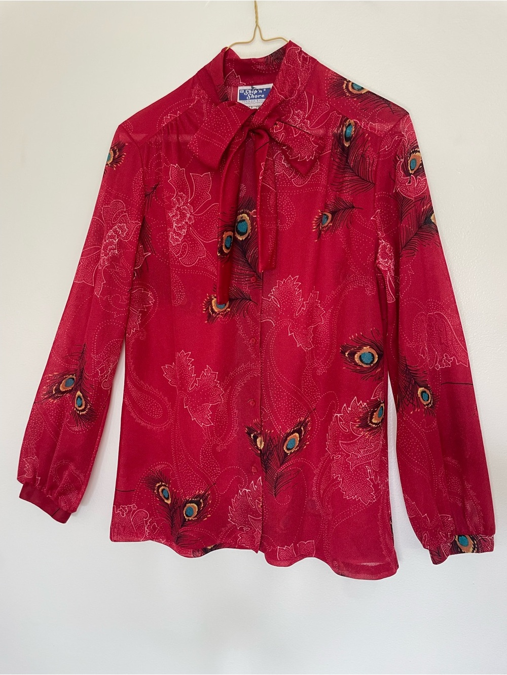 Vintage 1970s Peacock Feather and Floral print Red Blouse Ship and Shore
